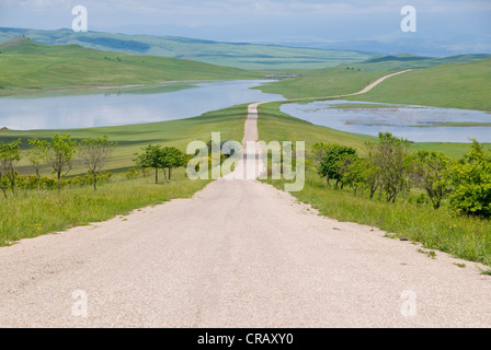 Strada di campagna che conduce attraverso i prati, Davit Gareja, Georgia, nel Caucaso Foto Stock