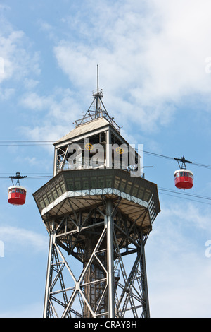 Torre di Torre de Sant Jaume I, stazione della funivia dal porto alla collina di Montjuic, Barcellona, in Catalogna, Spagna Foto Stock