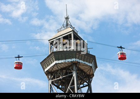 Torre di Torre de Sant Jaume I, stazione della funivia dal porto alla collina di Montjuic, Barcellona, in Catalogna, Spagna Foto Stock