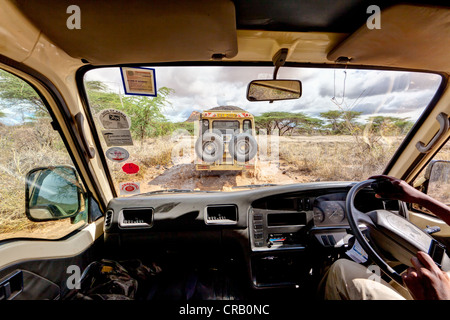 Safari bus a seguito di un Landrover su bagnato tracce di sporco nel Samburu riserva nazionale, Kenya, Africa orientale, Africa, PublicGround Foto Stock