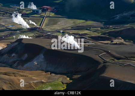 Vista aerea, Krafla Stazione Elettrica Geotermica, Krafla, Lago Myvatn, Nord Islanda, Islanda, Europa Foto Stock