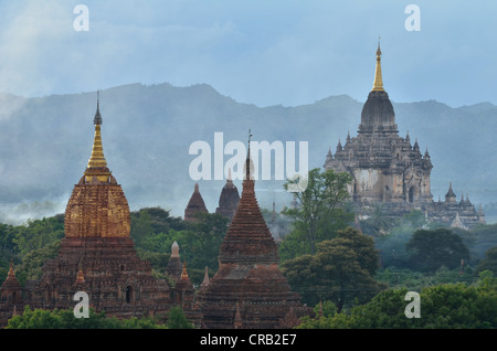 Aumento di fumo, la nebbia e la luce della sera tra i campi, templi e pagode di Bagan, MYANMAR Birmania, Asia sud-orientale, Asia Foto Stock