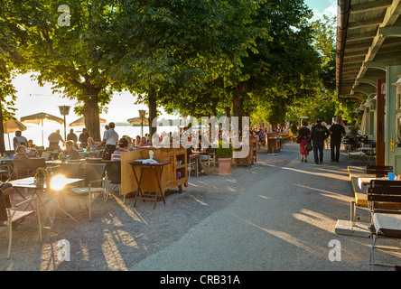 Giardino della birra nella luce della sera, Herrsching am Ammersee, Lago Ammer, Alta Baviera, Baviera, Germania, Europa Foto Stock