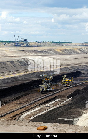 Cucitura di carbone e le macchine nella fossa aperta Welzow-Sued, miniere di carbone marrone da Vattenfall energy company, Lusazia inferiore Foto Stock