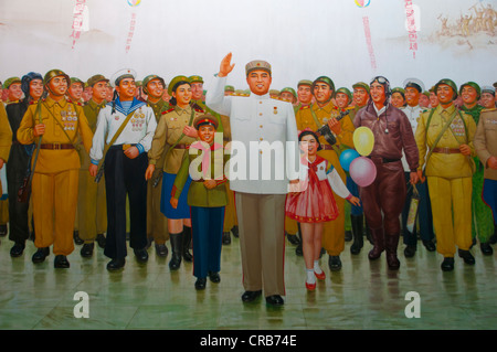 La propaganda comunista poster con Kim Il Sung, Pyongyang, Corea del Nord, Asia Foto Stock