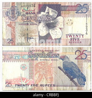 La banconota, anteriore e posteriore, 25 rupie, Seychelles, della Banca Centrale delle Seychelles Foto Stock