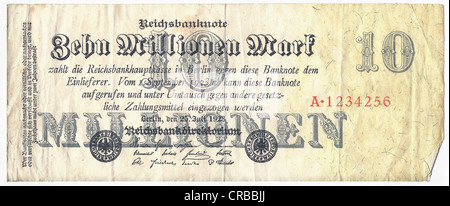 Vecchia banconota, anteriore, Reichsbanknote 10, 000, 000 Mark, Reichsbankdirektorium, circa 1923 Foto Stock