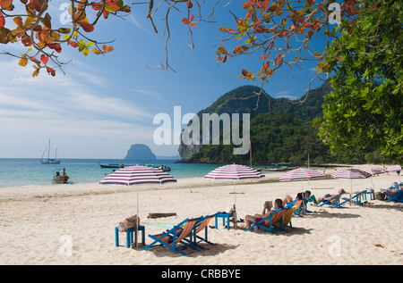 Sedie a sdraio e ombrelloni sulla spiaggia sabbiosa, Farang Beach, Ko Muk o Ko Mook isola, Thailandia, Sud-est asiatico Foto Stock