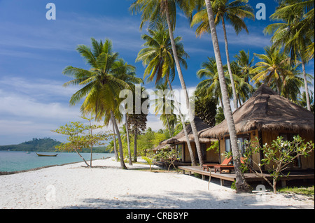 Bungalows su un Palm Beach, Koh Mook Sivalai Beach Resort, Ko Muk o Ko Mook isola, Thailandia, Sud-est asiatico Foto Stock