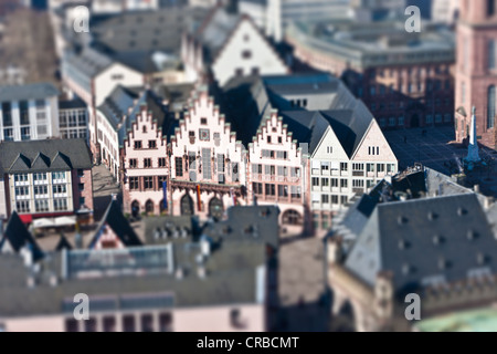 Vista del Roemer town hall, vista in miniatura, tilt-shift effetto, ridotto la profondità di campo, Frankfurt am Main, Hesse Foto Stock