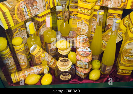 Limoncino liquori in una finestra di visualizzazione, Viareggio, Toscana, Italia, Europa Foto Stock