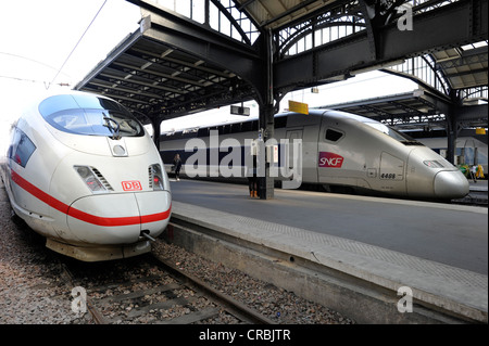 French TGV and German ICE high-speed trains at Gare de l'Est, Paris East Railway Station, Paris, France, Europe Foto Stock