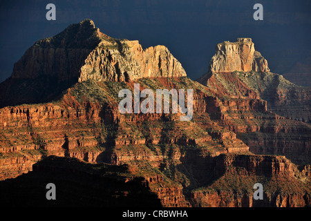 Vista dal Bright Angel Point, ultima luce del giorno sulla Brahma tempio, Zoroaster tempio, atmosfera serale, il Parco Nazionale del Grand Canyon Foto Stock