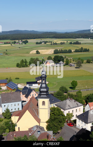 Vista dal castello di Thierstein rovina, Fichtelgebirge mountain range, Alta Franconia, Franconia, Baviera, Germania, Europa Foto Stock