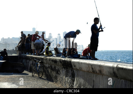 I pescatori sul Malecon sea wall, Avenida de Antonio Maceo, un viale lungo il centro città dell Avana, Centro Habana, Cuba Foto Stock