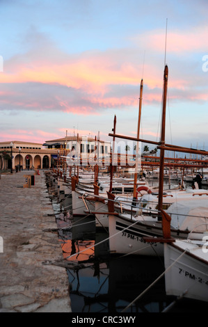 Barche a vela nel porto di sera, marina di Puerto de Pollensa, Port de Pollenca Maiorca Maiorca Isole Baleari Foto Stock