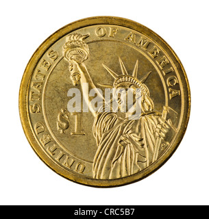 Golden one dollar coin isolato su bianco Foto Stock