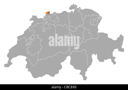 Mappa Politico di Swizerland con i diversi cantoni Basilea Città dove viene evidenziato. Foto Stock