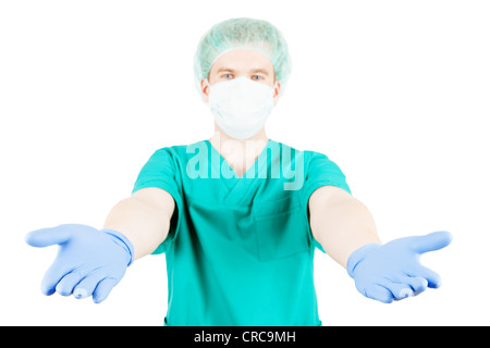 Chirurgo maschio stese la sua mano e isolato su bianco Foto Stock