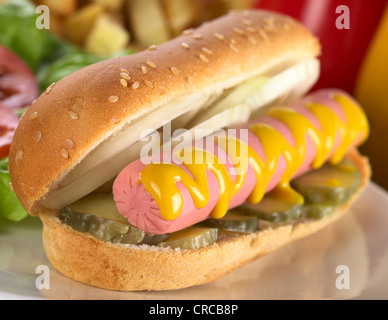 Hot Dog con sottaceti, cipolla e senape (messa a fuoco selettiva, concentrarsi sull'estremità anteriore della salsiccia) Foto Stock