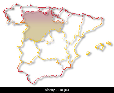 Mappa politica della Spagna con le diverse regioni dove Castiglia e León è evidenziata. Foto Stock