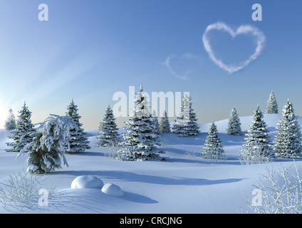Paesaggio invernale con una a forma di cuore il cloud, illustrazione Foto Stock