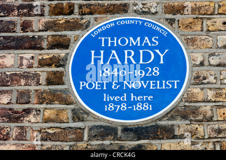 Una targa blu sulla casa occupata da Thomas Hardy nella Trinità strada vicino a Wandsworth comune. Foto Stock