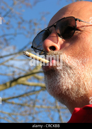 Uomo Barbuto con occhiali da sole fuma sigaretto, Germania Foto Stock