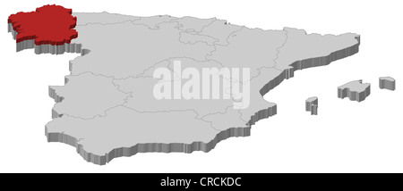 Mappa politica della Spagna con le diverse regioni dove la Galizia è evidenziata. Foto Stock