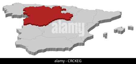 Mappa politica della Spagna con le diverse regioni dove Castiglia e León è evidenziata. Foto Stock