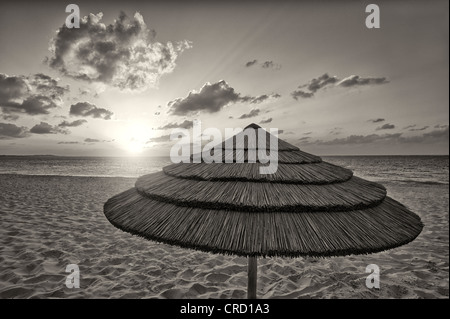 Ombrello Reed e al tramonto. Grace Bay. Providenciales. Isole Turks e Caicos. Foto Stock