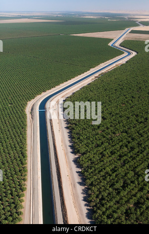 Vista aerea del terreno coltivato nella valle centrale con un canale di irrigazione che è parte della California acquedotto, un sistema di canali, Foto Stock
