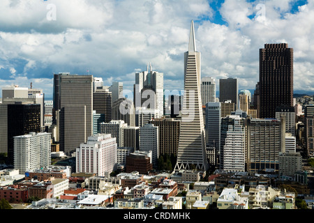 Vista dalla Torre Coit al centro finanziario con la Transamerica Pyramic, San Francisco, California, Stati Uniti d'America Foto Stock