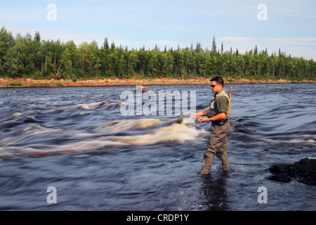 La pesca in fiume Ounasjoki, Finlandia e Lapponia Foto Stock