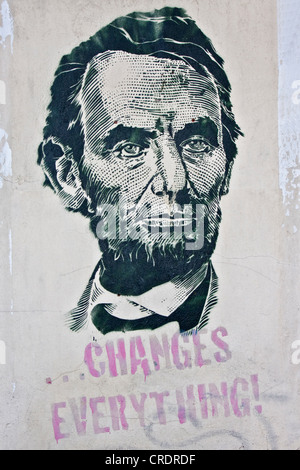 Immagine di Abraham Lincoln, lettering "cambia tutto", sedicesimo presidente degli Stati Uniti, stencil, arte stencil Foto Stock