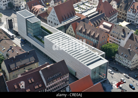 Vista aerea da Ulmer Muenster, Ulm Minster, chiesa, Kunsthalle Weishaupt, galleria espositiva, nuovo centro città, Foto Stock