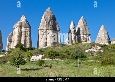 Camini di Fata, paesaggio di tufo nella valle di amore a Goreme, Sito Patrimonio Mondiale dell'UNESCO, la Cappadocia, Anatolia, Turchia Foto Stock