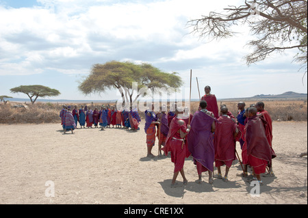 Etnologia, gruppo di donne, gruppo di uomini, l'uomo jumping danzando, Masai, villaggio di Kiloki, Savannah Foto Stock