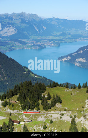 Vista da Schynige Platte, di Thun e il Lago di Thun, Wilderswil, Berna, Svizzera, Europa Foto Stock