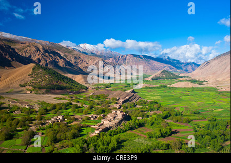 Paesaggio con campi coltivati e piccolo insediamento in Ait Bouguemez Valley, Alto Atlante, Marocco, Africa Foto Stock