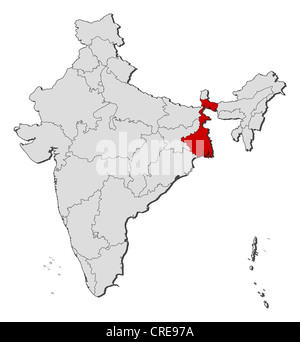 Mappa politico dell'India con i vari Stati in cui il Bengala Occidentale è evidenziata. Foto Stock