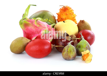 Frutti Esotici - mangosteen, fig, mango, asiatici pera, dragon frutta, cornuto melone, tamarillo Foto Stock