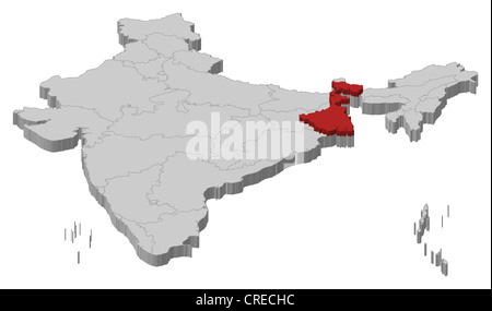 Mappa politico dell'India con i vari Stati in cui il Bengala Occidentale è evidenziata. Foto Stock