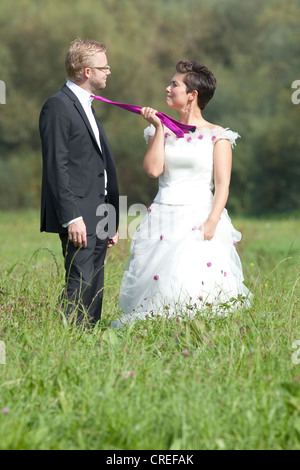 Sposa tirando il govern tie, Regensburg, Baviera, Germania, Europa Foto Stock