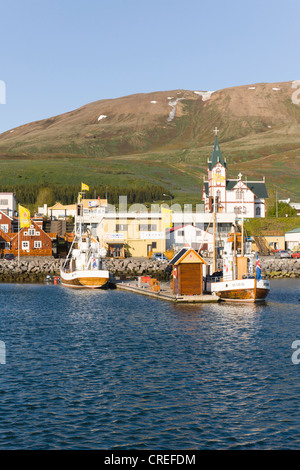 Barche per avvistare le balene, Husavik, Islanda, Nord Europa, Europa Foto Stock