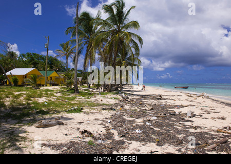 Spiaggia inquinati con cabine turistiche, Little Corn Island, il Mare dei Caraibi, Nicaragua, America Centrale, America Foto Stock