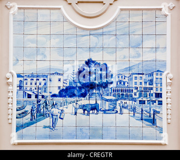 Azulejo, murale realizzato in ceramica dipinta piastrelle, rurale scena a Funchal, sul teatro locale a Funchal, Madeira, Portogallo, Europa Foto Stock