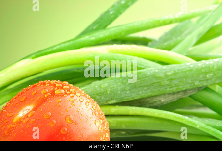 Ripe rosso pomodoro fresco con foglia verde cipolline su sfondo verde. Foto Stock