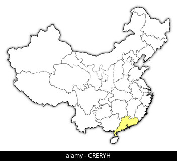 Mappa politica della Cina con le diverse province dove Guangdong è evidenziata. Foto Stock