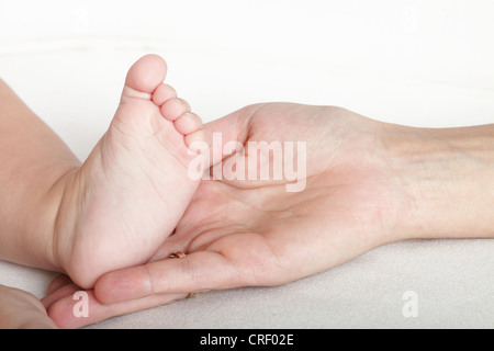 Baby calcio nelle mani di Madre su sfondo bianco Foto Stock